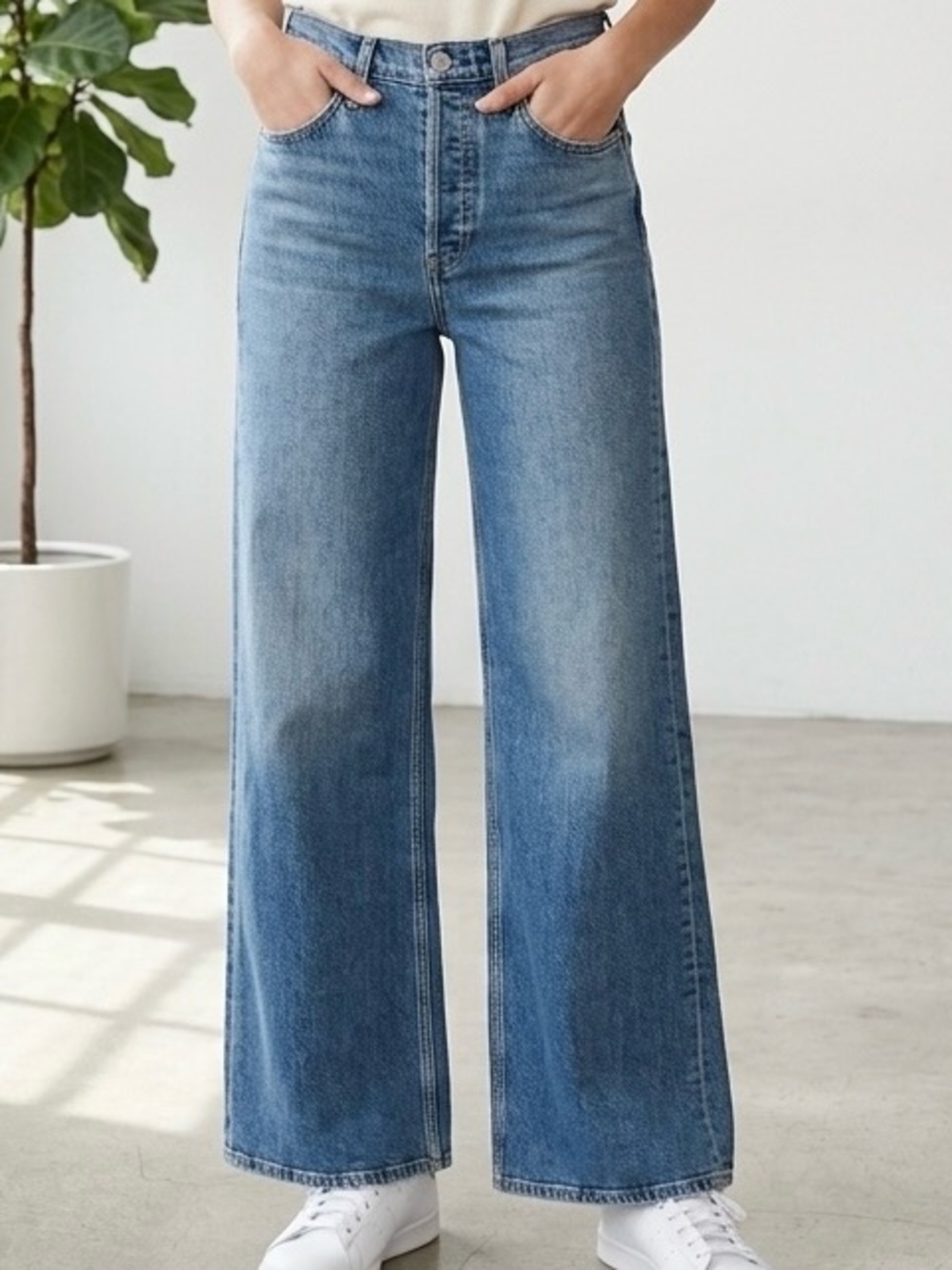RE/DONE High Rise Wide Leg Jeans Mid 70s Shadow Stretch Denim Size 28